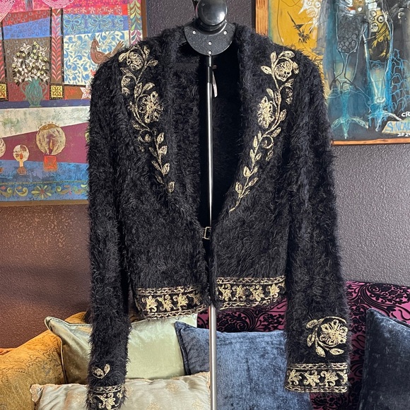 Free People Jackets & Blazers - Free People Black Teddy Jacket with Gold Embroidery